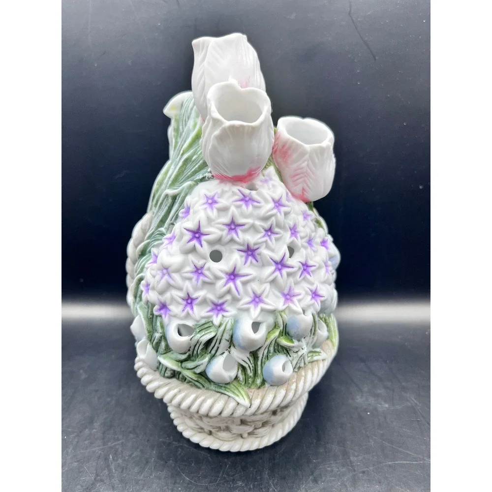 Vtg Partylite Ceramic Flower Basket Candle‎ Holder Spring Tulips Daffodils 8